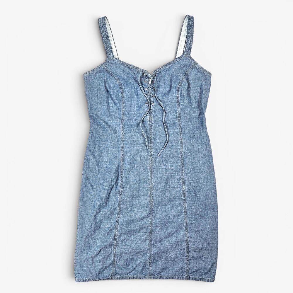 Y2k Denim Mini Dress Lace-Up Front Detail Coquette - Size 10